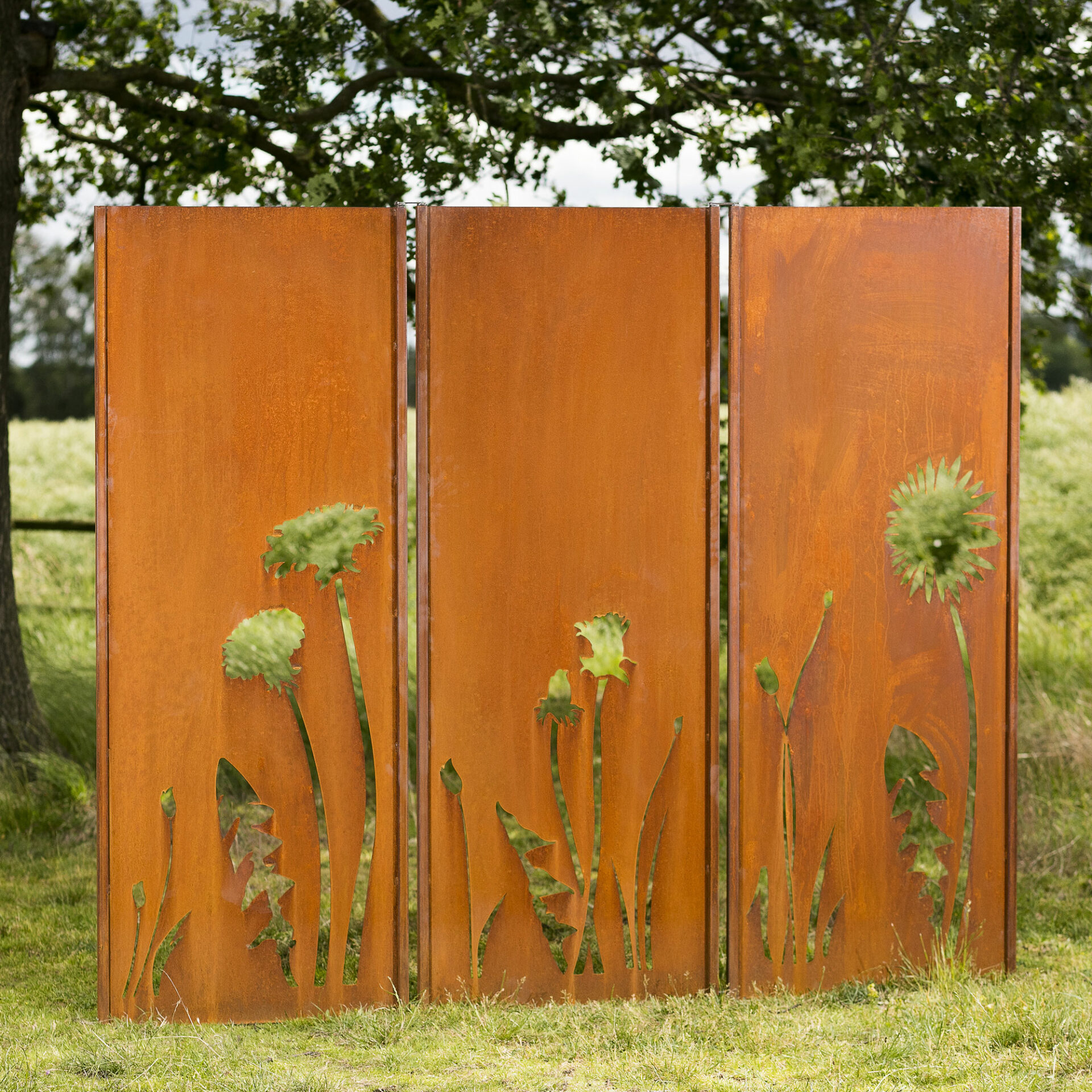 Gartenwand Triptychon Löwenzahn<br>225×195 cm