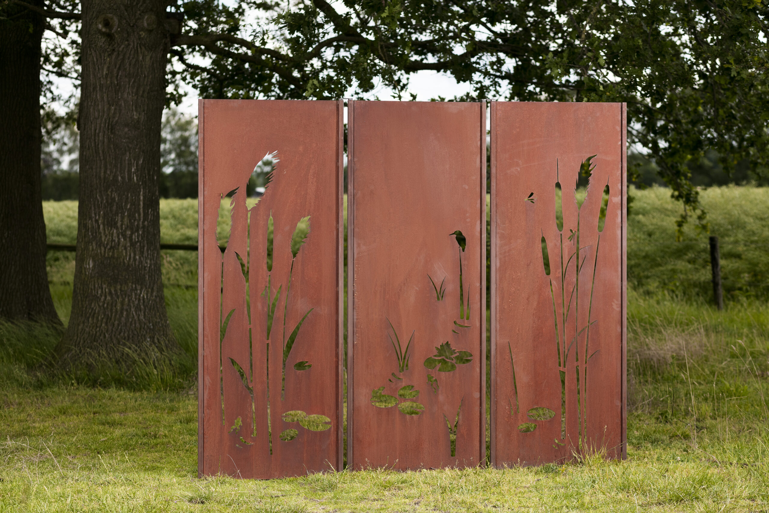 Gartenwand Triptychon Teich<br> 225×195 cm