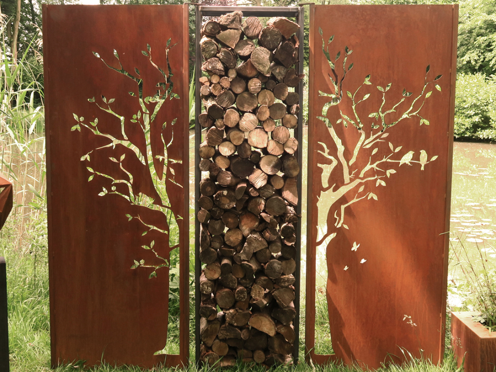 Gartenwand Diptychon Baum + Kaminholzregal<br>205 x 195 cm