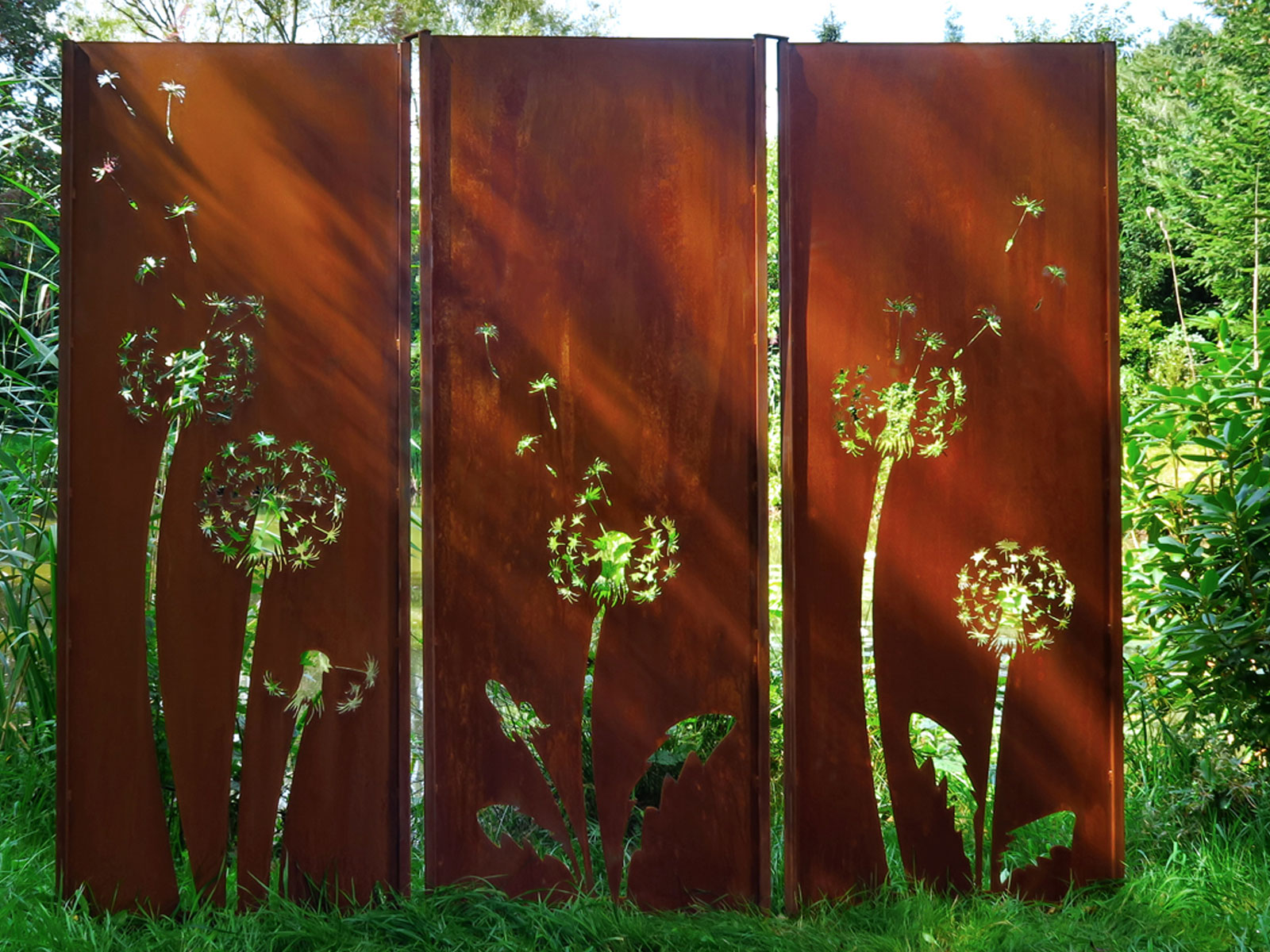 Gartenwand Triptychon Pusteblume<br>225×195 cm