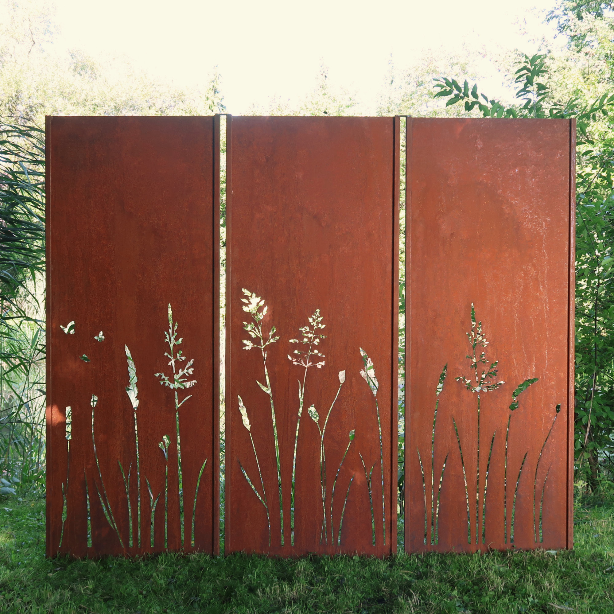 Gartenwand Triptychon Wiese<br>225×195 cm